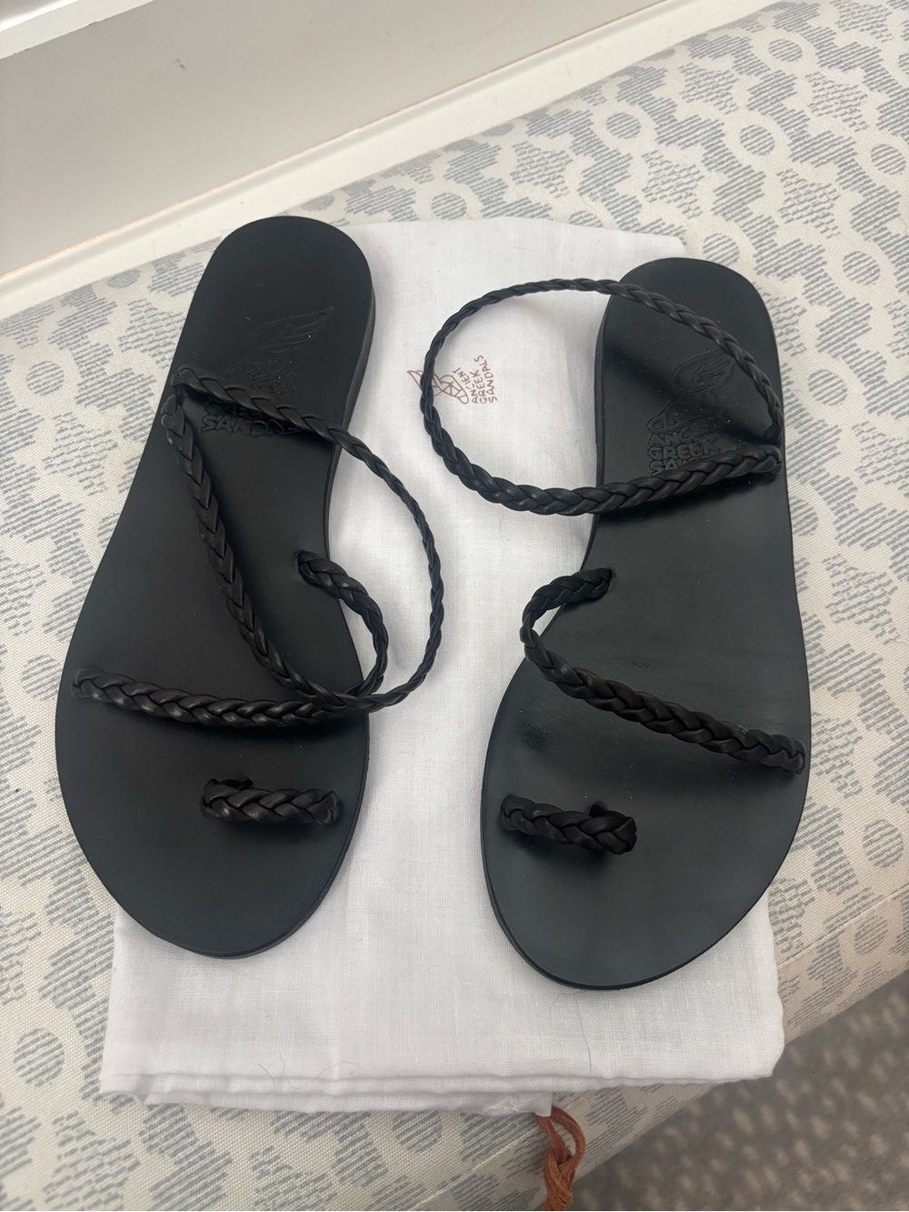 Ancient Greek Sandals Black Braided Leather Strappy Sandals